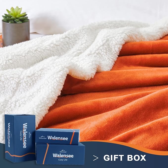 Walensee Sherpa Fleece Blanket (Throw Size 50”x60” Orange) Plush Throw Fuzzy Super Soft Reversible Microfiber Flannel Blankets for Couch, Bed, Sofa Ultra Luxurious Warm and Cozy for All Seasons