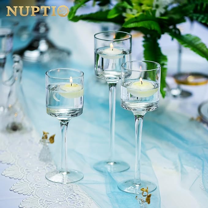 NUPTIO Glass Candle Holders, Set of 3 Stemmed Holders for Floating Candles