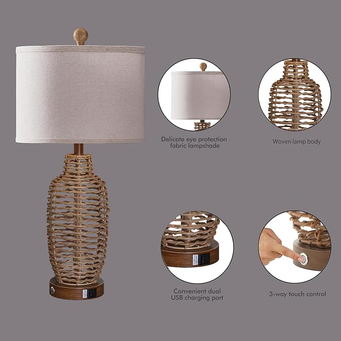 Rattan Table Lamps Set of 2 Wicker Lamps 3 Way Dimmable Touch Control Farmhouse Rustic Coastal Lamps with USB Port for Bedroom Living Room Office (LED Bulbs Included)
