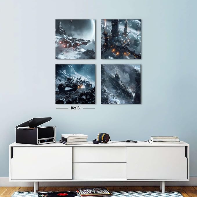 4Pcs Outer Space Room Decor for Boys Alien Planet Astronaut Wall Decor Galaxy Picture Marvel Room Canvas Painting Cosmic Poster Science Fiction Artwork Living Room Modern Home Decoration 16x16"