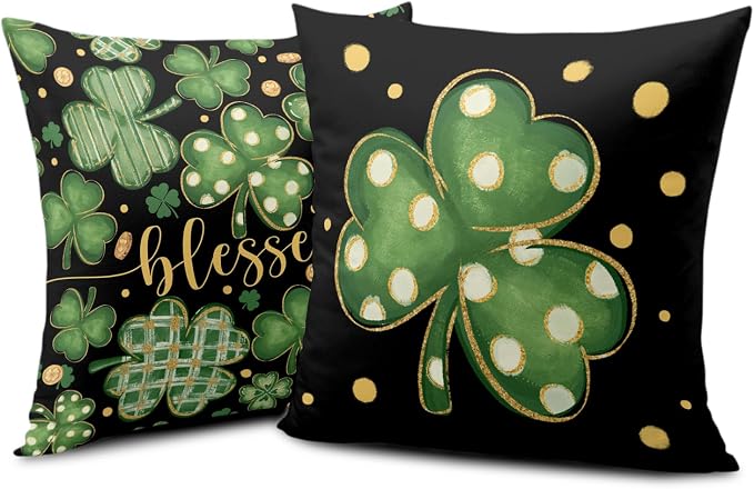 Pack of 2 St Patricks Day Pillow Covers 20x20 Lucky Blessed Shamrock Throw Pillow Covers Green Black Stripes Polka Dots Clover Pillow Cases for Sofa Couch Bed Home Decor