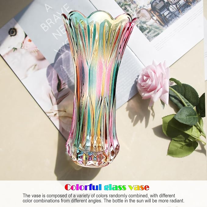 Glass Colorful Vase,Glass Flower Vase Decor for Home Dining Table Living Room,Office Wedding Holiday Party,Handmade Pattern(Phoenix Tail Style)