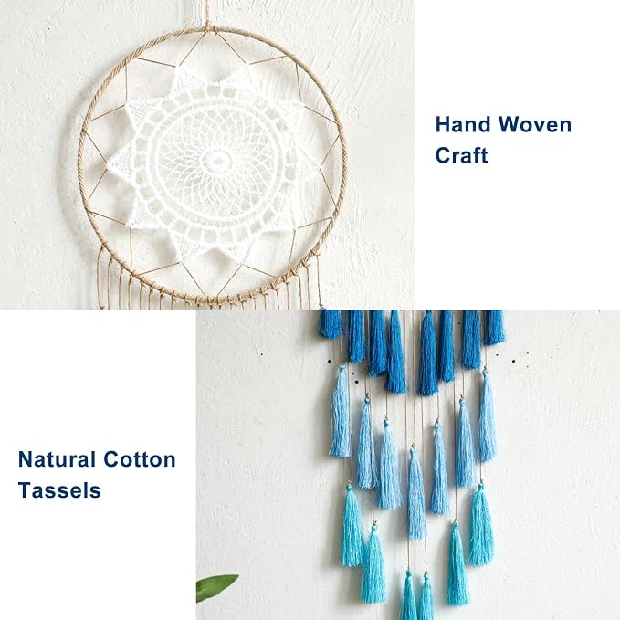 Artilady Macrame Dream Catcher Wall Hanging, Blue Large Boho Bedroom Decor