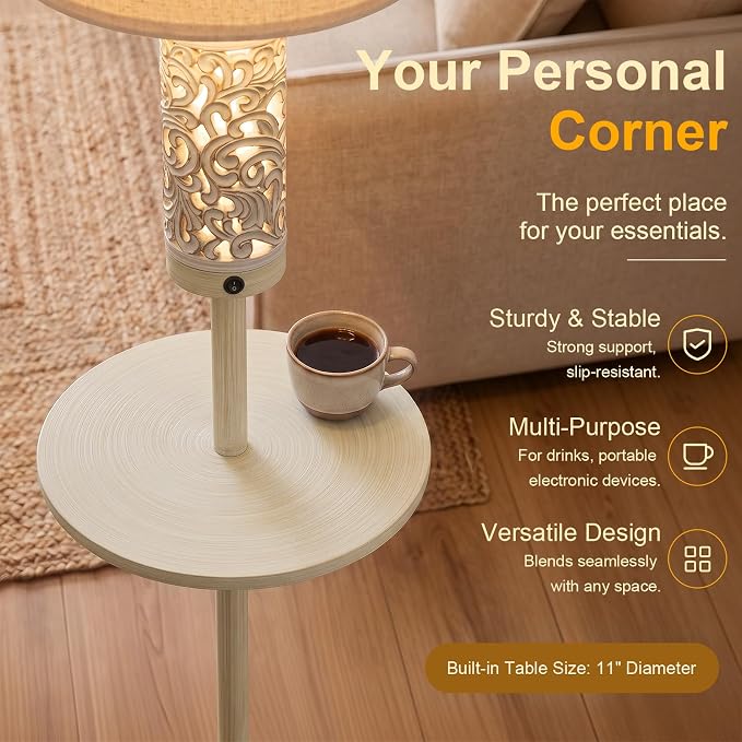 OYEARS 65" Farmhouse Floor Lamp for Living Room, Vintage Dimmable Floor Lamp with Table, Main&Night Light, Dual Switches&Remote Control, Tall Standing Lamp for Bedroom Nursery, Bulb Included, White