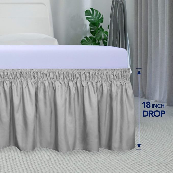 PureFit Wrap Around Ruffled Bed Skirt, Light Gray, Twin/Full - 18" Drop | Wrinkle Free Bedskirt Dust Ruffles, Easy to Put On Frame Cover with Adjustable Elastic Belt