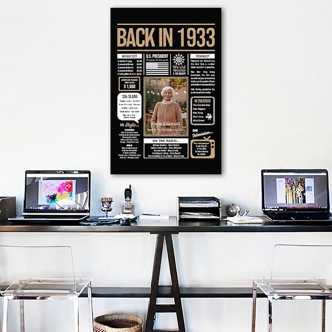 Personalized 92nd Birthday Party Decorations Men, Women, Him, Her - Custom Gifts Idea For 92 Years Old, Back In The Year You Born Newspaper For 92nd Birthday Poster No Frame Black Gold