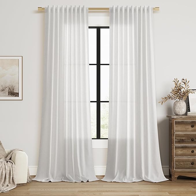 Linen Curtains 90 Inches Long for Living Room Semi Sheer Light Filtering Curtain Back Tab Rod Pocket Neutral Boho Modern Farmhouse Decor Window Drapes for Bedroom 52x90 2 Panels Natural