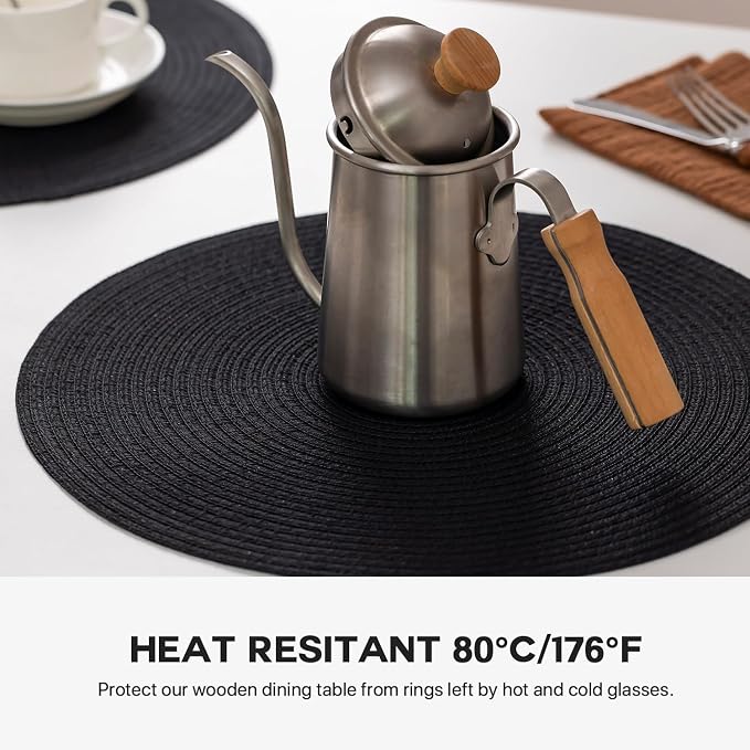 BARoyal Round Placemats Set of 12 Woven Placemats Washable Braided Table Mats for Dining Table Heat Resistant Non-Slip Circle Place Mats(Black)