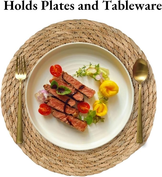 15 inch Round Woven Placemats Set of 4, Boho Rattan Natural Hand-Woven Water Hyacinth Placemats, Chargers for Dinner Plates, Farmhouse Weave Place Mats, Rustic Wicker Table Mats Decor for Home,Wedding