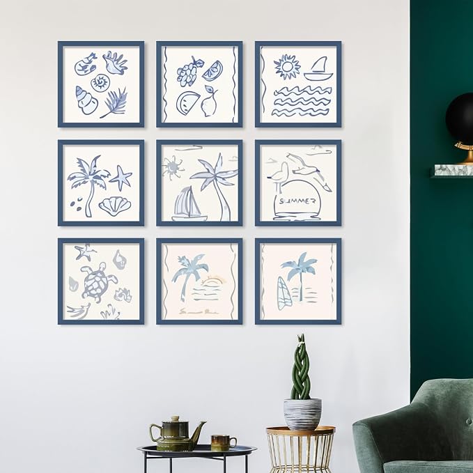 YESKAY 12x12 Picture Frame Set of 9, Photo Gallery Wall Frame Set, Display Pictures 8x8 with Mat or 12 x 12 Without Mat, Square Frame Picture Frames Collage Wall Decor, Blue