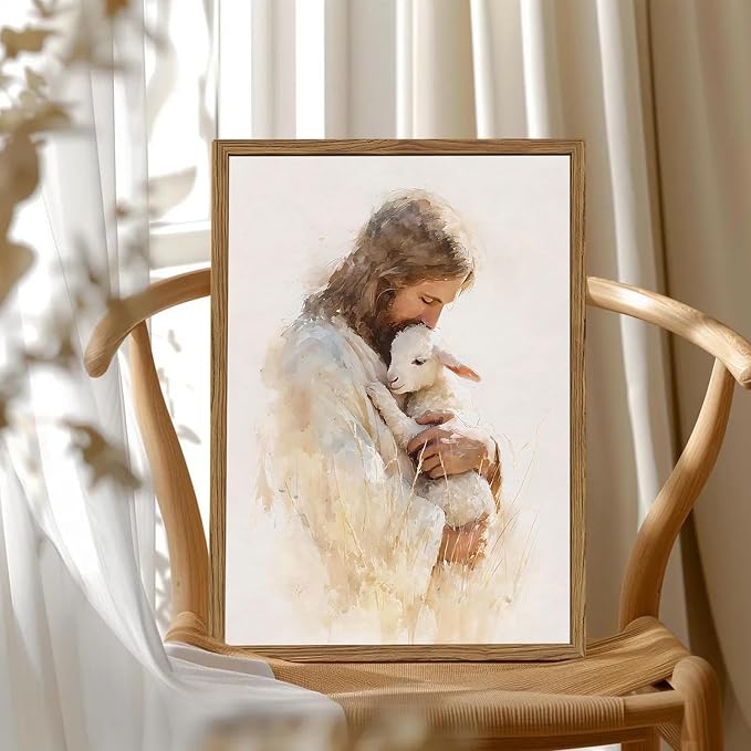 Jesus and Lamb Wall Art, Christian Good Shepherd Wall Decor Picture, Religious Faith Poster Painting Canvas Print for Living Dining Prayer Room Bedroom 16x24 inch Wood Framed