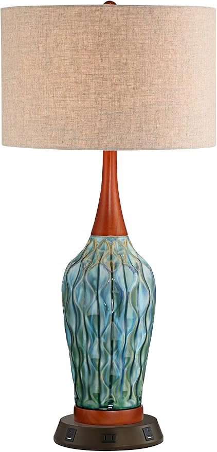 Rocco 30" Large Table Lamp Blue Ceramic USB Workstation Base Handmade