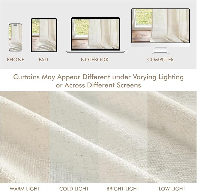 MIULEE Natural Back Tab Linen Curtains 4 Panels 42W x 63L | Linen material, light filtering, rod pocket back tab hanging, farmhouse decor for living room bedroom