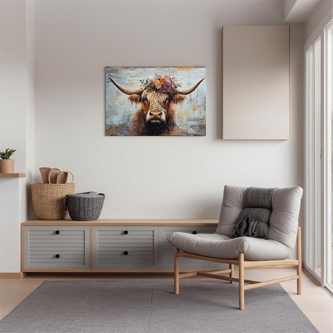 Canvas Wall Art Decor Wall Art Picutures for Living Room Artwork for Wall Decor Highland Cow Wall Art Prints Vintage Wall Art Decor Artwork for Walls Home Bedroom Office Decorations 24" X 36"