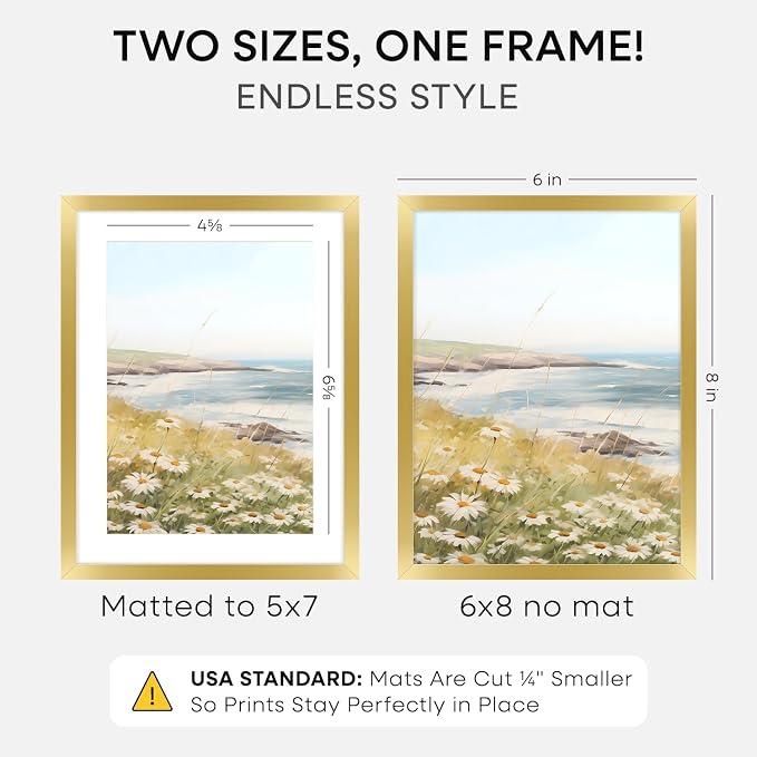 Homeforia 6x8 Gold Picture Frame, High-End Metal, 5x7 Mat, Glass
