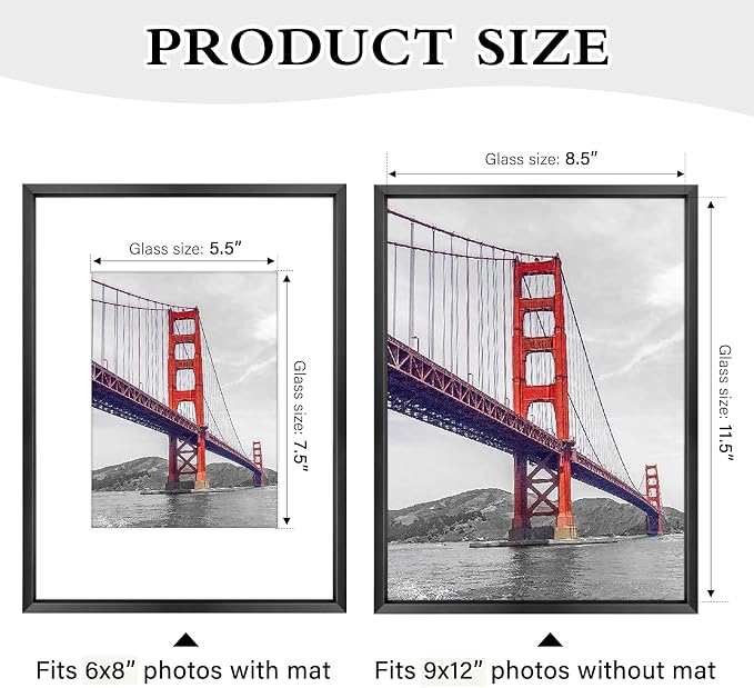 Frametory 9x12 Black Aluminum Metal Picture Frame Mat for 6x8 Glass