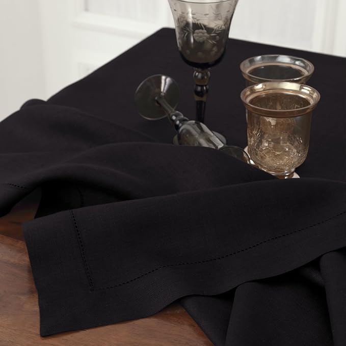 Solino Home 100% Pure Linen Dining Table Runner Black Hemstitch, 14 x 72 in | Classic Hemstitch, dresses up dining tables for everyday meals, hemstitched border, mitered corners, soft, OEKO-TEX Certified