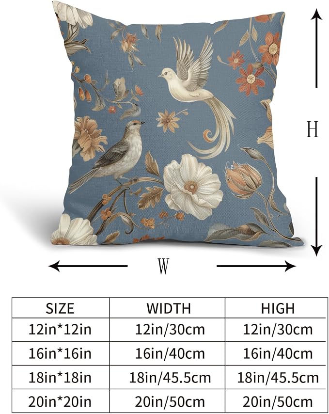 Kawani Vintage Floral Pillow Covers 18x18 Inch Set of 2 Blue Chinoiserie Flower and Bird Outdoor Decorative Throw Pillows Retro Rustic Pillowcases Farmhouse Cushion Covers for Couch Home Decor