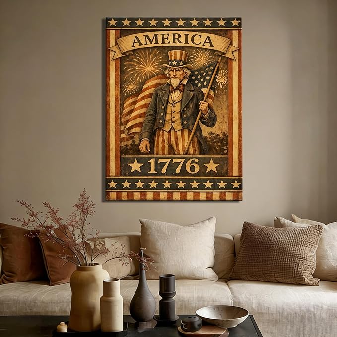 Made in USA Vintage Patriotic Uncle Sam 1776 Wall Art, American Flag Canvas Prints, 4th of July Independence Day Decor for Living Room, Bedroom, Kitchen & Holiday, Framed
