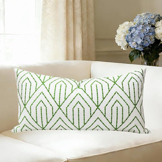 Slow Cow Linen Embroidery Decorative Lumbar Throw Pillow Cover Rectangular Pillowcase Cushion Cover for Bed Couch Sofa 12 x 24 Inches Green