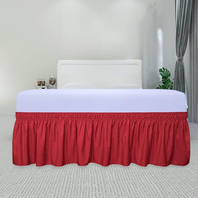 PureFit Wrap Around Ruffled Bed Skirt, Red, Queen/King - 14" Drop | Wrinkle Free Bedskirt Dust Ruffles, Easy to Put On Frame Cover with Adjustable Elastic Belt