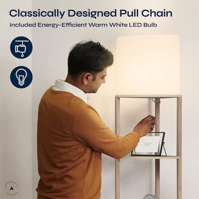 ATAMIN Corner Floor Lamp with Shelves – Tall Corner Lamp with Pull Chain Switch – Modern Floor Lamp for Living Room, Bedroom, or Office Alvis Edge