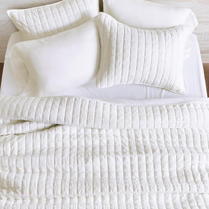 RECYCO Channel Box Stitch Velvet Quilt Set, Twin/Twin XL, Bright White | Ultra Soft Lightweight Velvet Comforter, Luxury Oversized Bedspread Coverlet, Quilted Bedding Set for All Season with 2 Shams