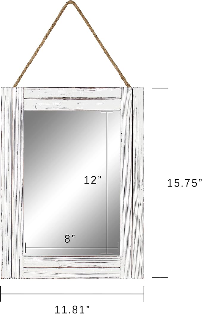 16 X 12 Inch Rustic Wood Framed Wall Mirror with Hanging Rope for Farmhouse Decor, for Entryway, Bedroom, Bathroom, Dresser, Wash White