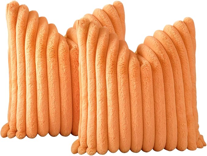 Soleebee Set of 2 Throw Pillow Covers Soft Cozy Velvet Pillowcase Faux Rabbit Fur Cover for Couch Sofa Bed Chair Home Decorative Pillows Cover (22x22 Inch, Orange)