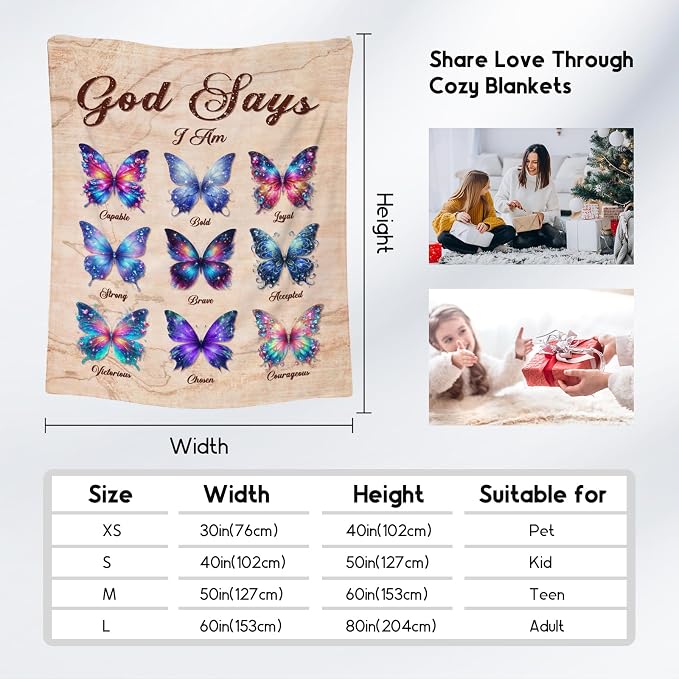 Butterfly Blanket Gifts for Women, Girls & Kids - God Says I Am Soft Fleece Fuzzy Throw for Living Room Bed - Inspirational Gift for Her & Daughter, 60"x80"