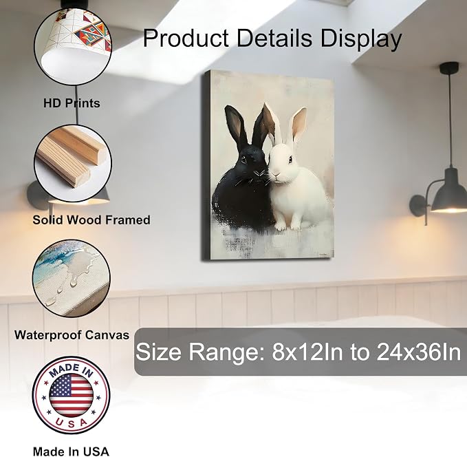 Black and White Easter Bunny Framed Canvas Art, Minimal Spring Easter Prints Pictures Wall Decor for Office, Rabbit Wall Art & Workspace Holiday Home Wall Decoration, 24x36 In