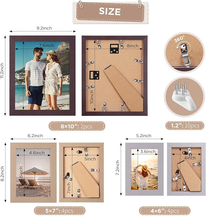 Funtopia Picture Frames, 10 Pack Picture Frames Collage Wall Decor | Gallery Wall Frame Set for Wall or Tabletop Display, Multi-size with 8x10, 5x7, 4x6 Family Photo Frames