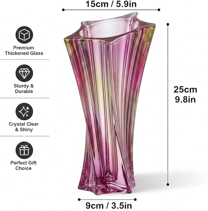 Crystal Glass Vase – Heavy Crystal Vase for Flowers with Weighted Bottom, Thick Durable Decorative Vases for Modern Home Decor, 9.8″ 3.5lb Clear Centerpiece (Gradient Pink)