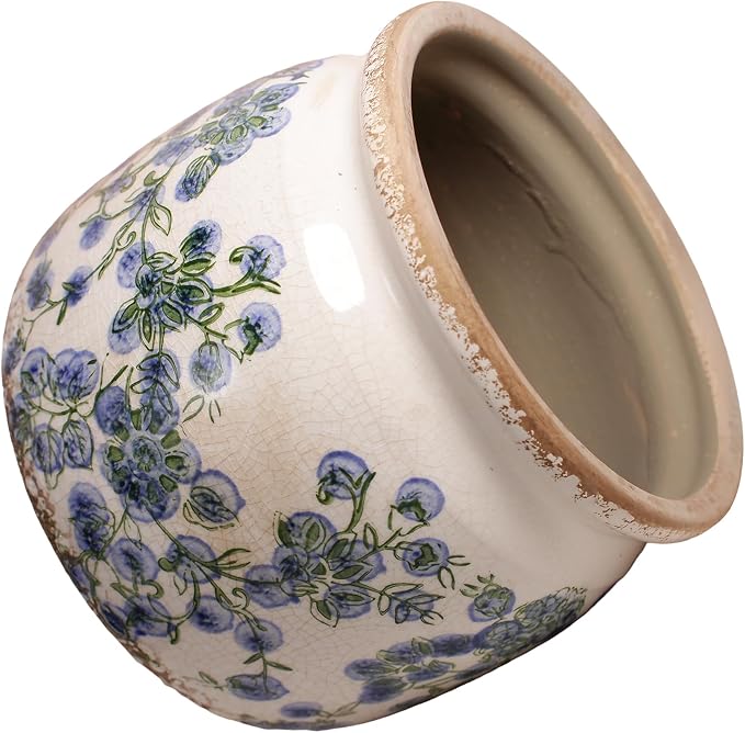 Vintage Cottage Ceramic Planters, French Flower Pot & Vase with Drainage | 6.29" Rustic Country Crackle Glaze Plant Pots for Indoor/Outdoor, Blue and Green Floral Vases, Home Decor Gifts