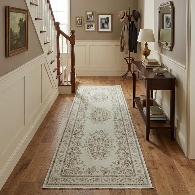 GarveeHome 2x6 Runner Rug for Hallway Vintage Distressed Floral Throw Rug | Machine Washable Leaf and Flower Long Carpets for Laundry Room Non-Slip Low Pile Beige Runners Soft Area Rug for Bedroom