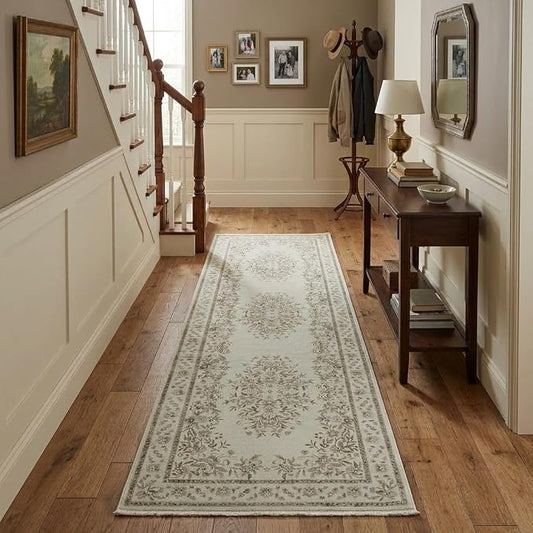GarveeHome 2x6 Runner Rug for Hallway Vintage Distressed Floral Throw Rug | Machine Washable Leaf and Flower Long Carpets for Laundry Room Non-Slip Low Pile Beige Runners Soft Area Rug for Bedroom