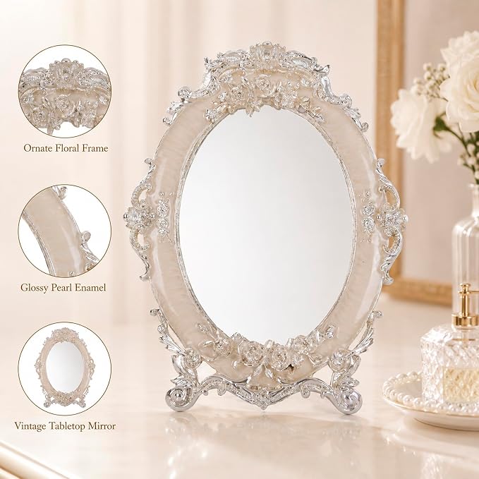 Vintage Vanity Makeup Mirror for Desk - Antique Small Table Decor, White | Art Nouveau Decorative with Stand, Frame for Tabletop Office Bedroom Furniture Room Bathroom Home Wall Dresser Accessories
