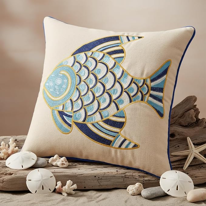 LUOYEHK Embroidered Pillow Covers 18x18 Set of 2 Summer Coastal Blue Fish Decorative Pillow Cases Ocean Themed Canvas Cushion Covers for Couch Sofa Bed Living Room