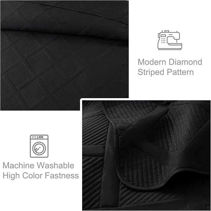 Exclusivo Mezcla Twin Size Quilt Set, Black | Soft Bedspreads with 1 Pillow Sham, Modern Striped Pattern, Lightweight Bedding Set Coverlets for All Seasons, 68x88 Inch