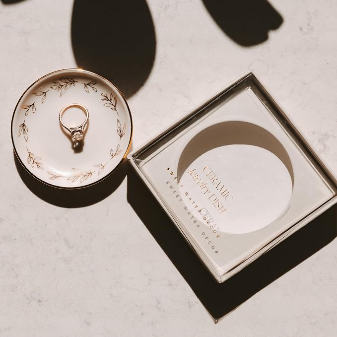 Sweet Water Decor Jewelry Dish, Ceramic Trinket Tray with Gold Foil Leaf Design, 3” Ring Holder for Earrings and Small Keepsakes, Elegant Gift for Bridesmaids, Weddings, Anniversaries, Birthdays