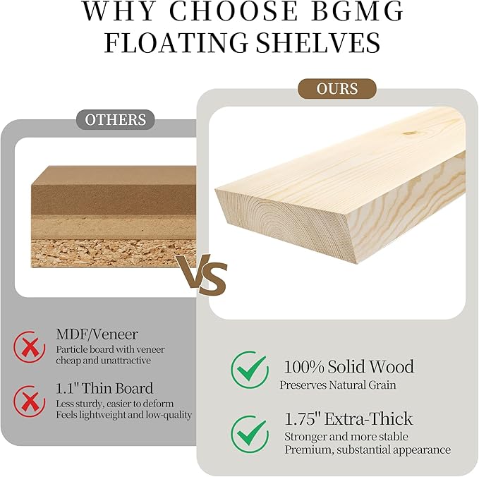 BGMG Wood Floating Shelves for Wall 54 inch Set of 2, Rustic Wooden Wall Mount Shelves for Living Room Bedroom Kitchen Farmhouse-54x6.7x1.75 inch- Gold Oak