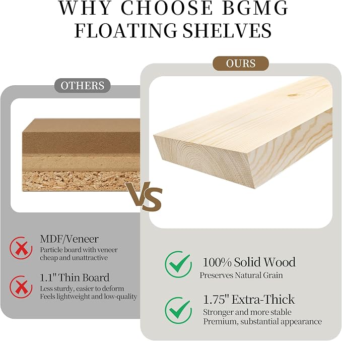 BGMG Wood Floating Shelves for Wall 60 inch Set of 2, Rustic Wooden Wall Mount Shelves for Living Room Bedroom Kitchen Farmhouse-60x6.7x1.75 inch- Gold Oak