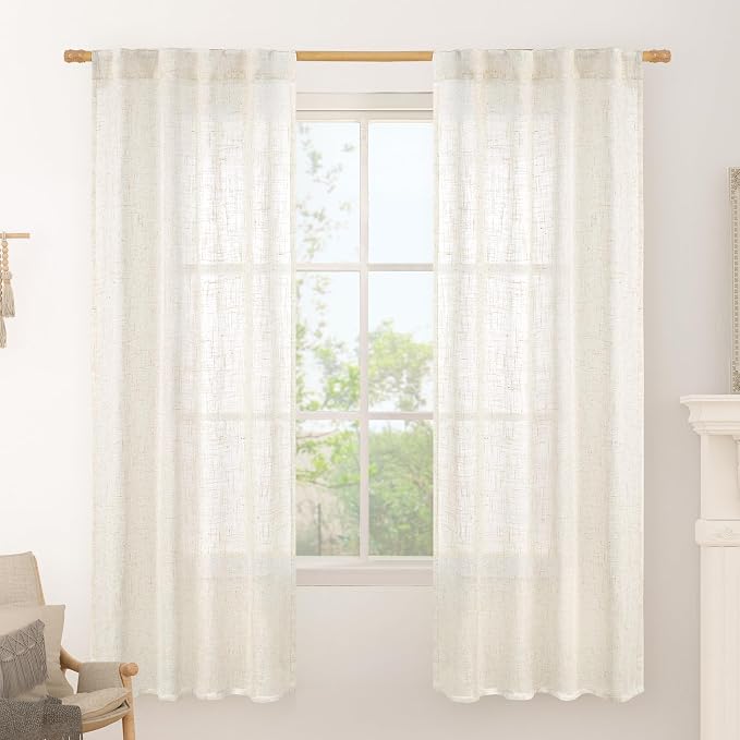 Light Filtering Linen Curtains 72 inches Long for Bedroom, 2 Panels | Linen Textured, Semi Sheer, Boho Drapes for Small Window, Living Room, Rod Pocket Back Tab, Cream, 2 Panels, 34 x 72 Inch