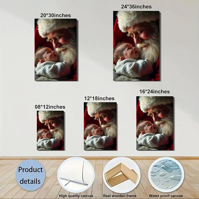 Festive Santa with Baby Christmas Canvas Poster 16x24inch - Warm Holiday Indoor Wall Decor, Framed Wall Art for Living Room, Bedroom, Dining Area & Bathroom, Christmas Home Decor