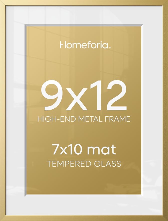 Homeforia 9x12 Gold Picture Frame, High-End Metal, 7x10 Mat, Glass