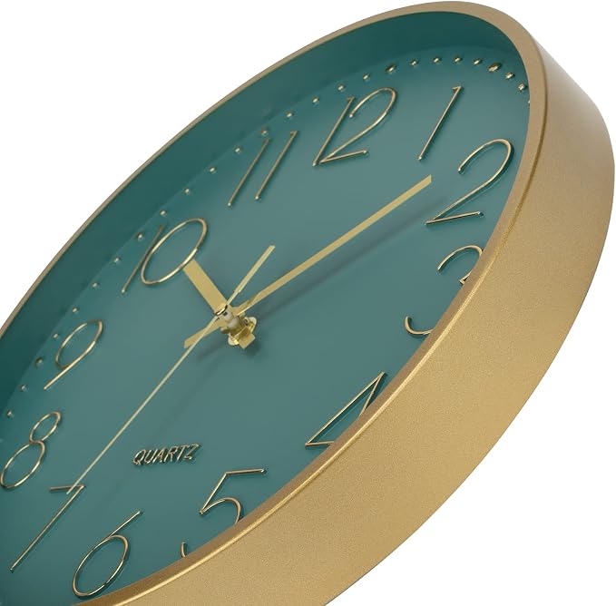 Foxtop 12" Modern Wall Clock Silent Battery Operated Metal Gold Clock | Dark Green Dial, Non-Ticking, Round, Analog Clock, Quartz, Easy to Read, Living Room, Bedroom, Kitchen, Office
