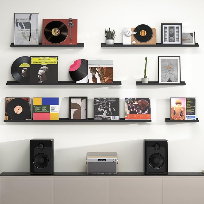 Heimlove Picture Ledge Shelf, Floating Shelves Set of 2, 24 Inches Picture Shelf for Wall with Ledge, Kids Bookshelf Wall Mounted for Living Room Bedroom Decor Books Photo Frames - Black