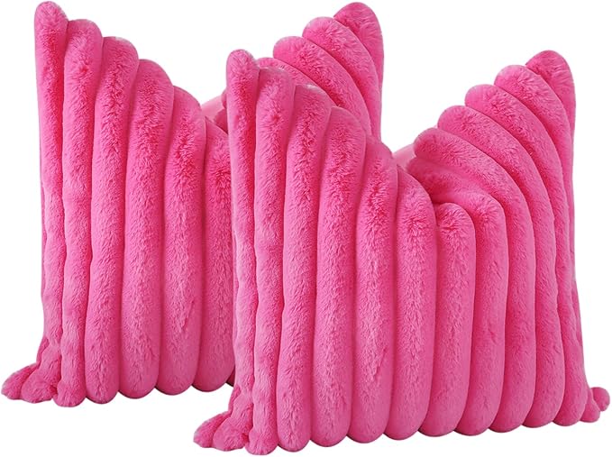 Soleebee Set of 2 Throw Pillow Covers Soft Cozy Velvet Pillowcase Faux Rabbit Fur Cover for Couch Sofa Bed Chair Home Decorative Pillows Cover (20x20 Inch, HOT Pink)