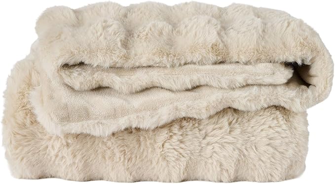 Lotus Karen Faux Fur Throw Blanket Linen - 800 GSM Bubble Rabbit Fluff Blanket for Couch Bed Sofa,Softest Fluffy Fuzzy Cozy Blanket,Thick Furry Plush Shaggy Warm Blankets for Women,108x90 Inches