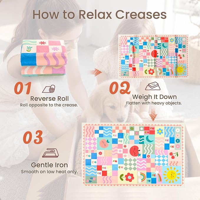 Washable Pink Area Rugs for Bedroom Girls, 3x5 Soft Checkered Playroom Carpet with Cute Sun & Rainbow Fruit Design, Non-Slip Decorative Floor Mat